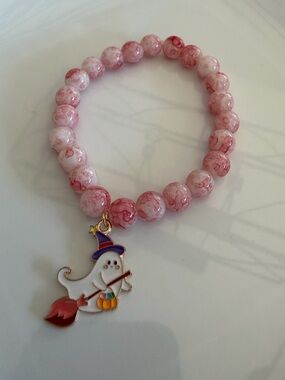 Halloween Pink Beaded Bracelet with Ghost Witch Charm Novelty Gift Jewelry